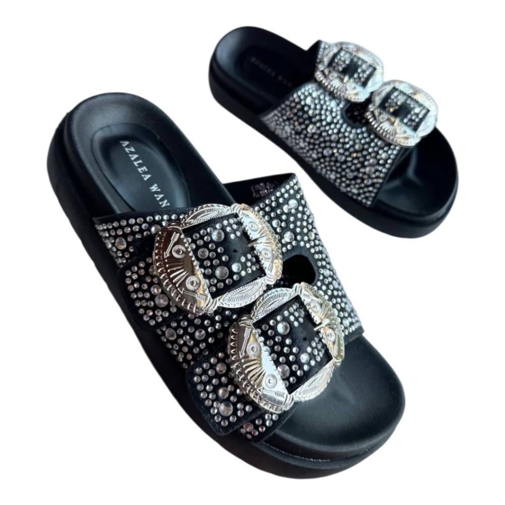 Azalea Wang Black Embellished Buckle Slide Sandals